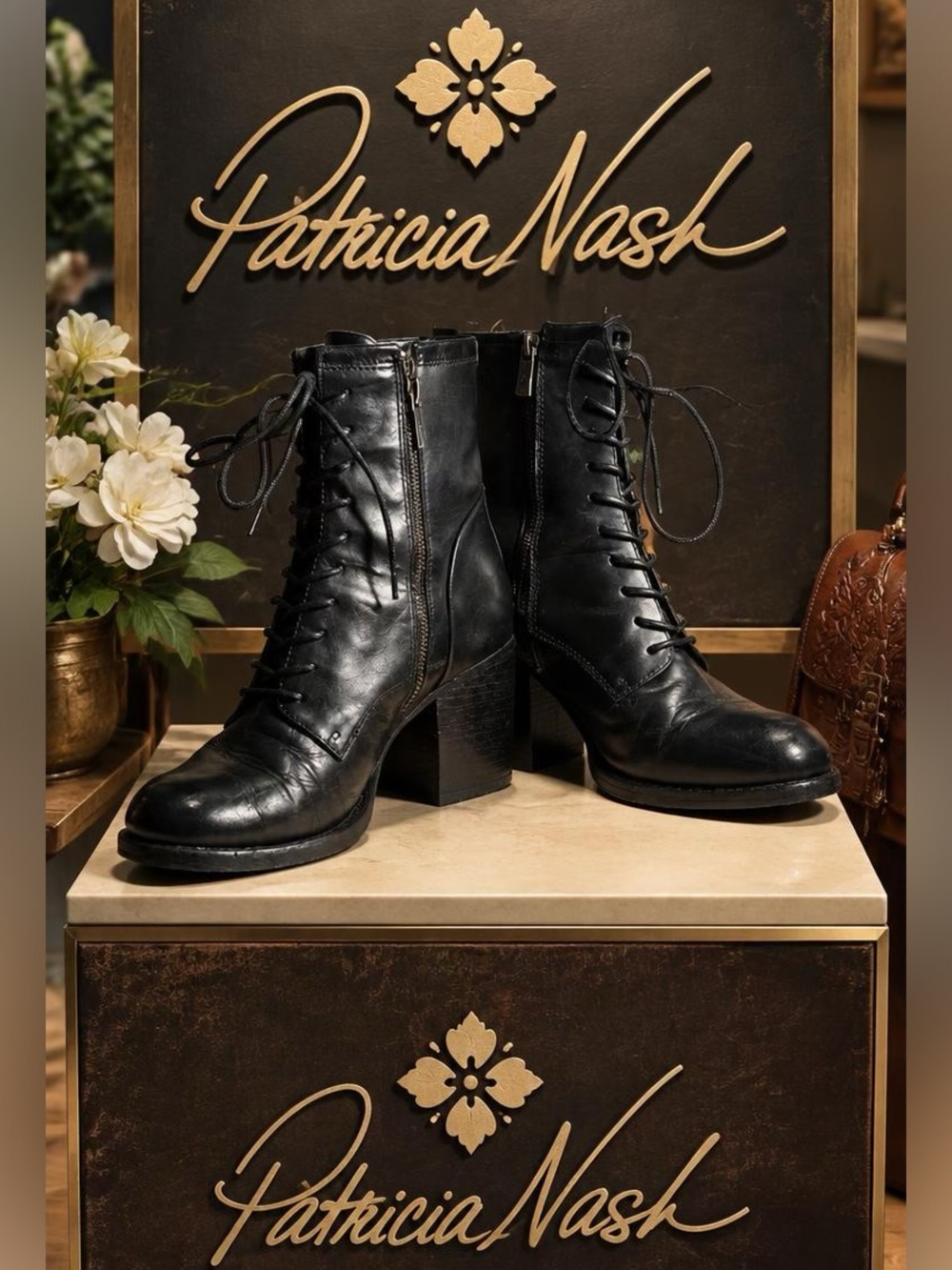 Patricia Nash Siclly Black Leather Lace-Up Block Heel Ankle Boots